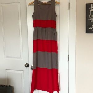 Red and gray striped maxi dress